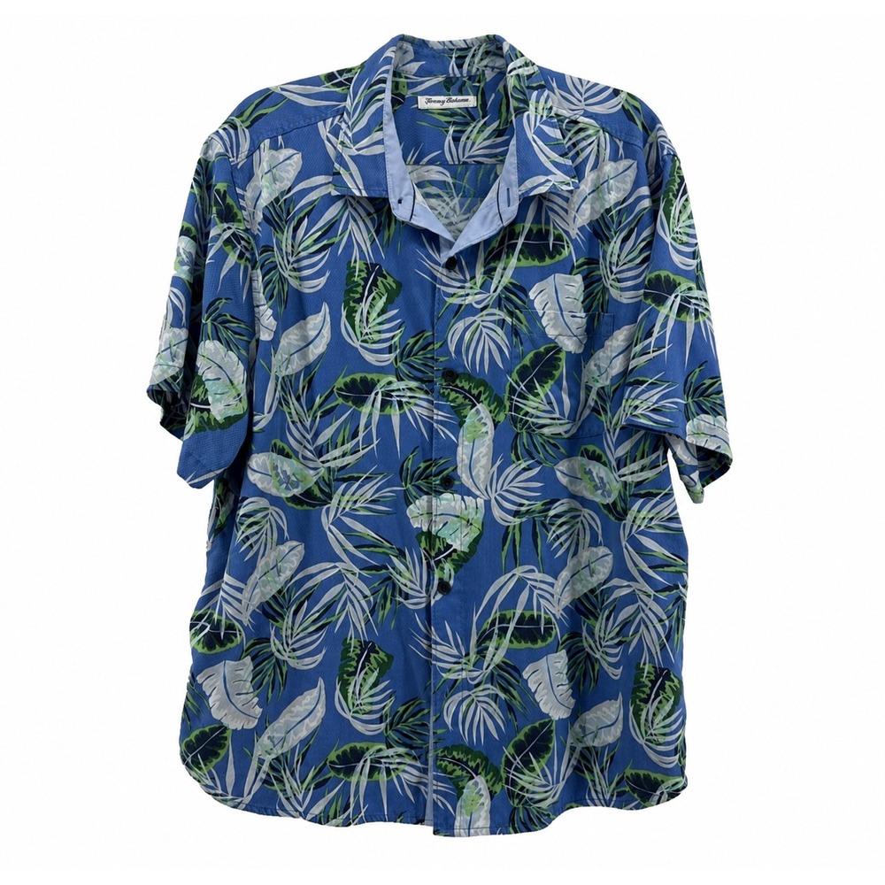 Tommy Bahama Silk Aloha Shirt Men XL Hawaiian Floral Blue Short Sleeve Button Up